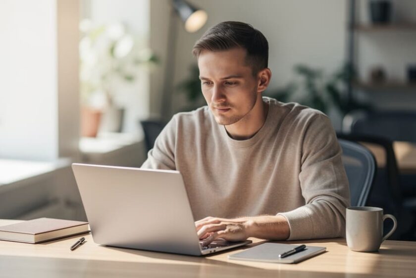 Startup founder working at a laptop in a bright co-working space