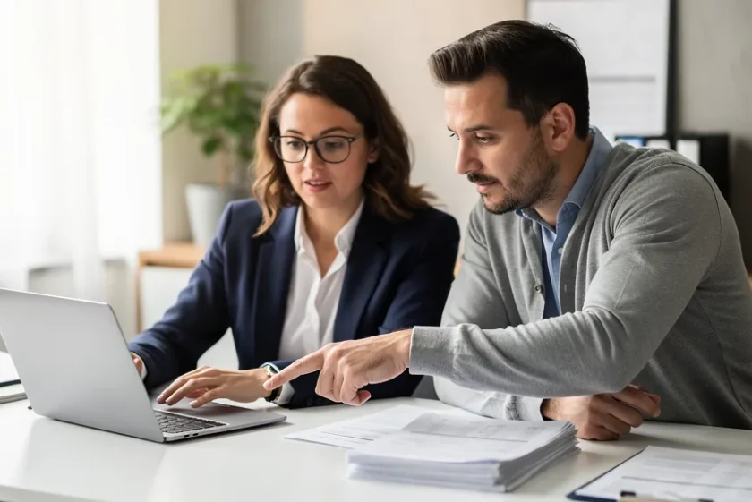 Business owner and bookkeeper reviewing financial statements together at an office desk