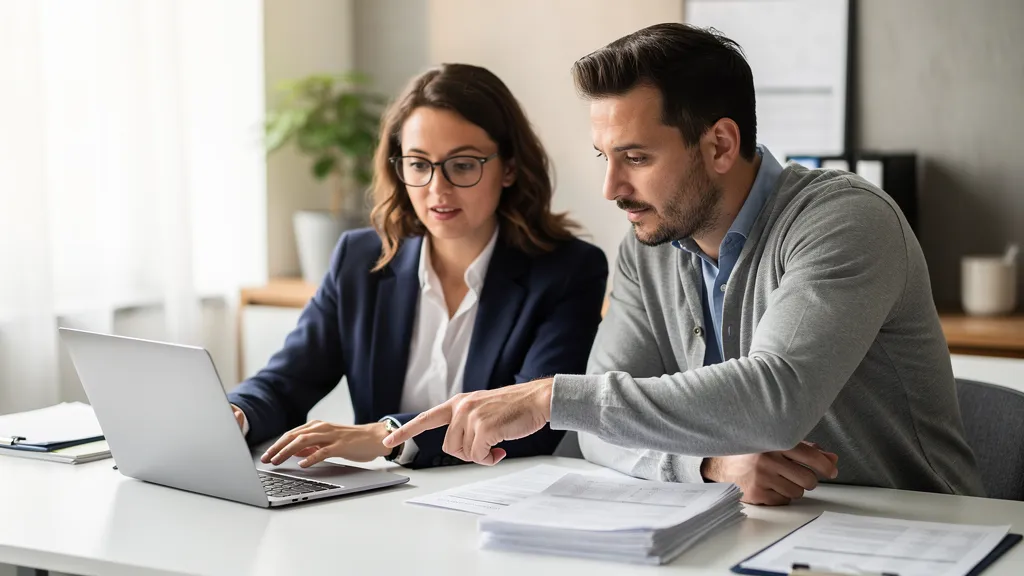 Business owner and bookkeeper reviewing financial statements together at an office desk