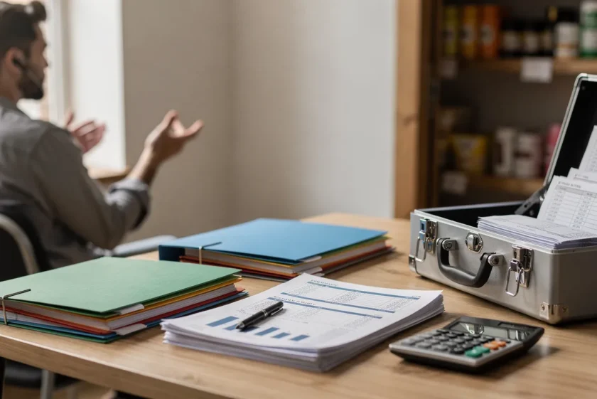 Small business owner working with bookkeeper reviewing financial documents