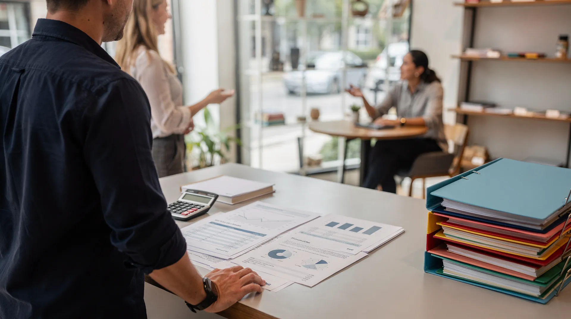 Bookkeeper and business owner reviewing documents together