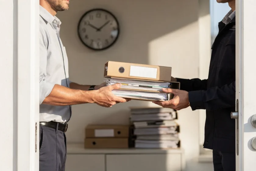 Office worker organizing stacks of financial documents