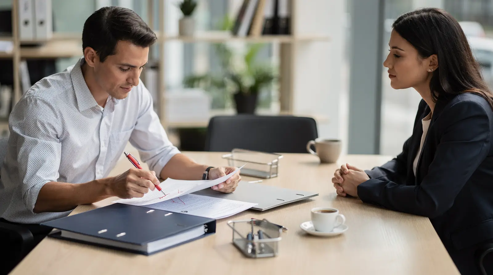 Bookkeeper and business owner reviewing monthly financial records together