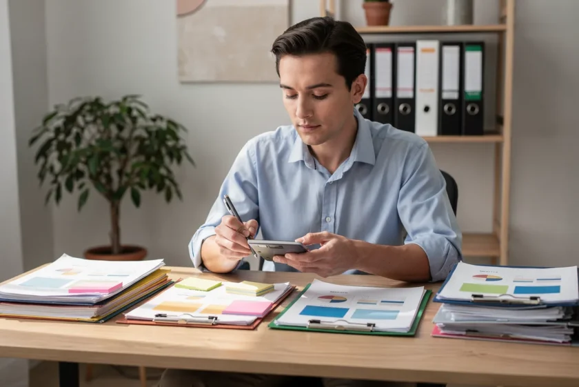 Business owner at a desk reviewing financial documents and charts