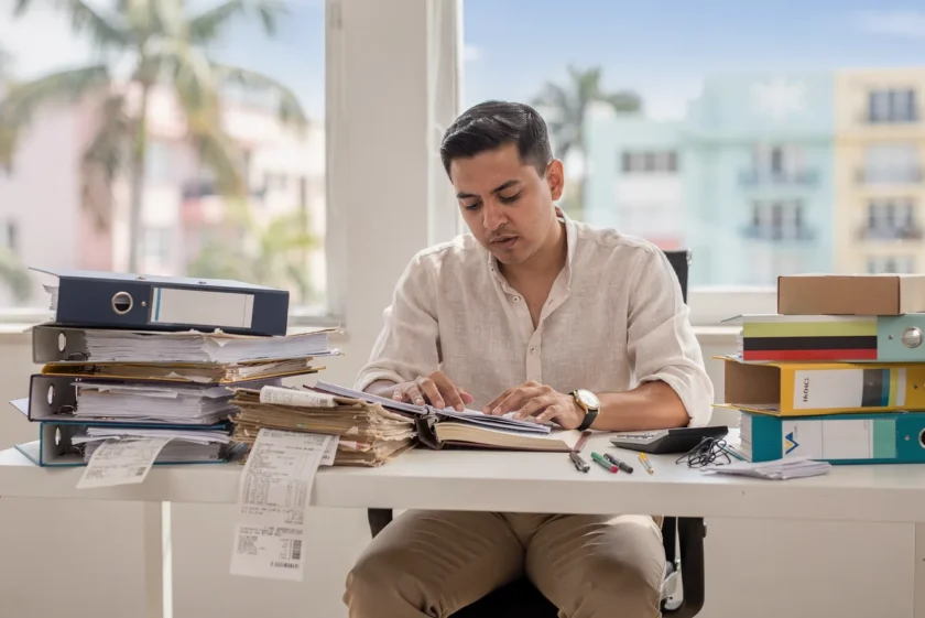 Miami business owner reviewing financial reports with a bookkeeper