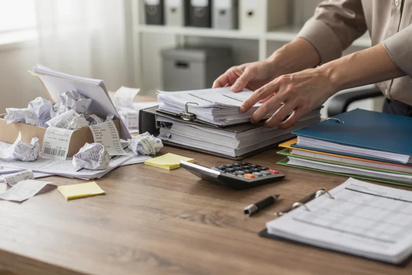 Business owner and bookkeeper reviewing financial records together at a desk