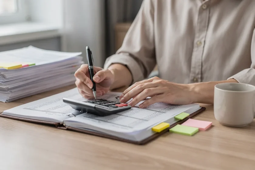 Business owner reviewing financial records with a bookkeeper at an office desk