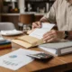 Restaurant owner reviewing financial reports and invoices at a desk