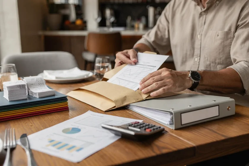 Restaurant owner reviewing financial reports and invoices at a desk