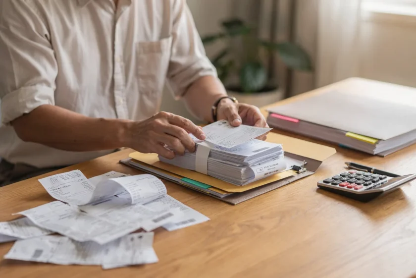 Business owner reviewing bank statements and financial documents at a desk
