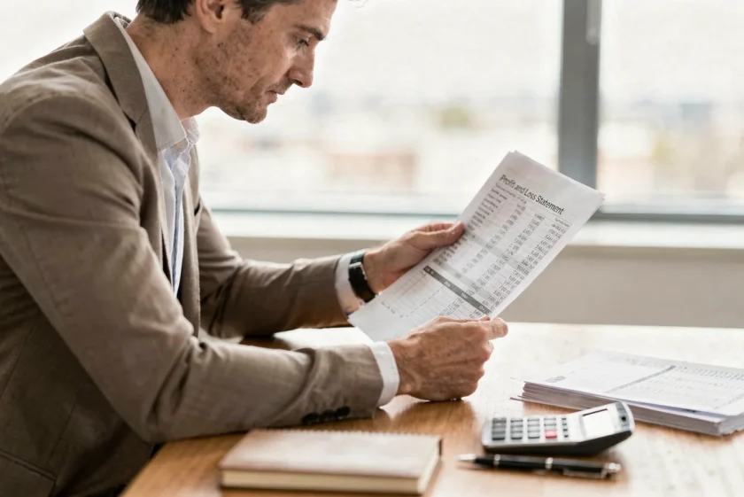 Business owner reviewing a profit and loss report at a desk