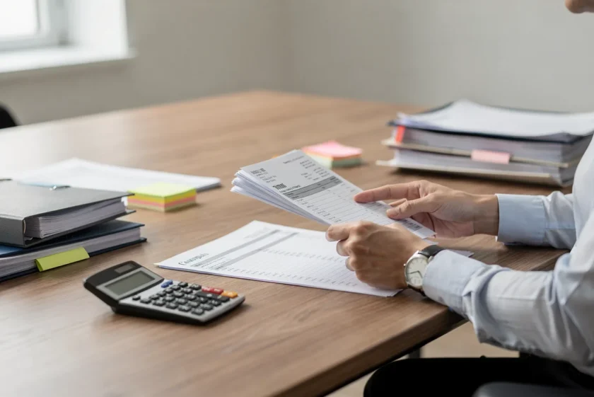 Business owner reviewing vendor invoices and statements at a desk