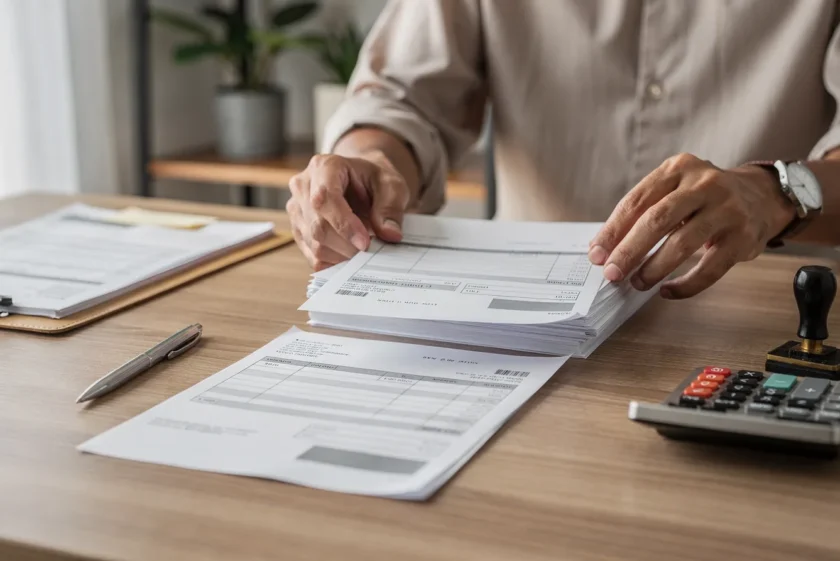 Business owner at a desk reviewing invoices and financial records