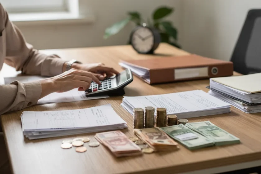 Business owner at a desk reviewing financial documents and a laptop