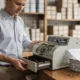 Business owner reviewing financial reports at a desk