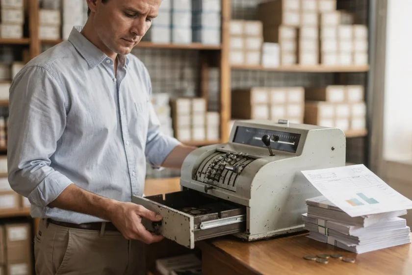 Business owner reviewing financial reports at a desk