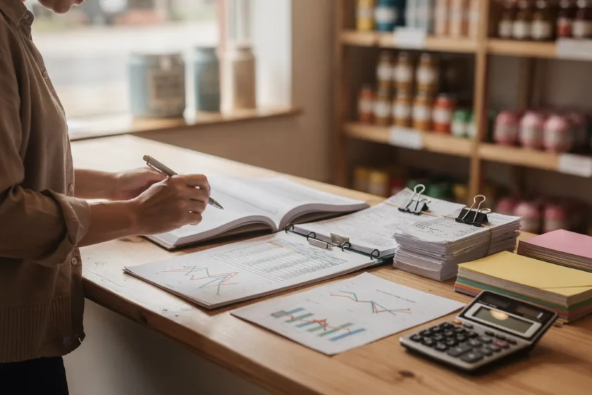 Business owner reviewing monthly financial reports at a desk