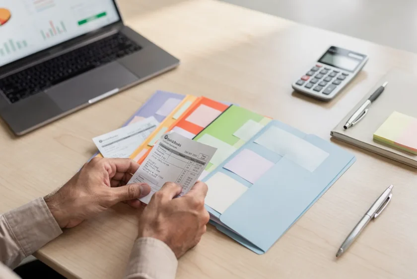 Business owner reviewing job cost reports at a desk